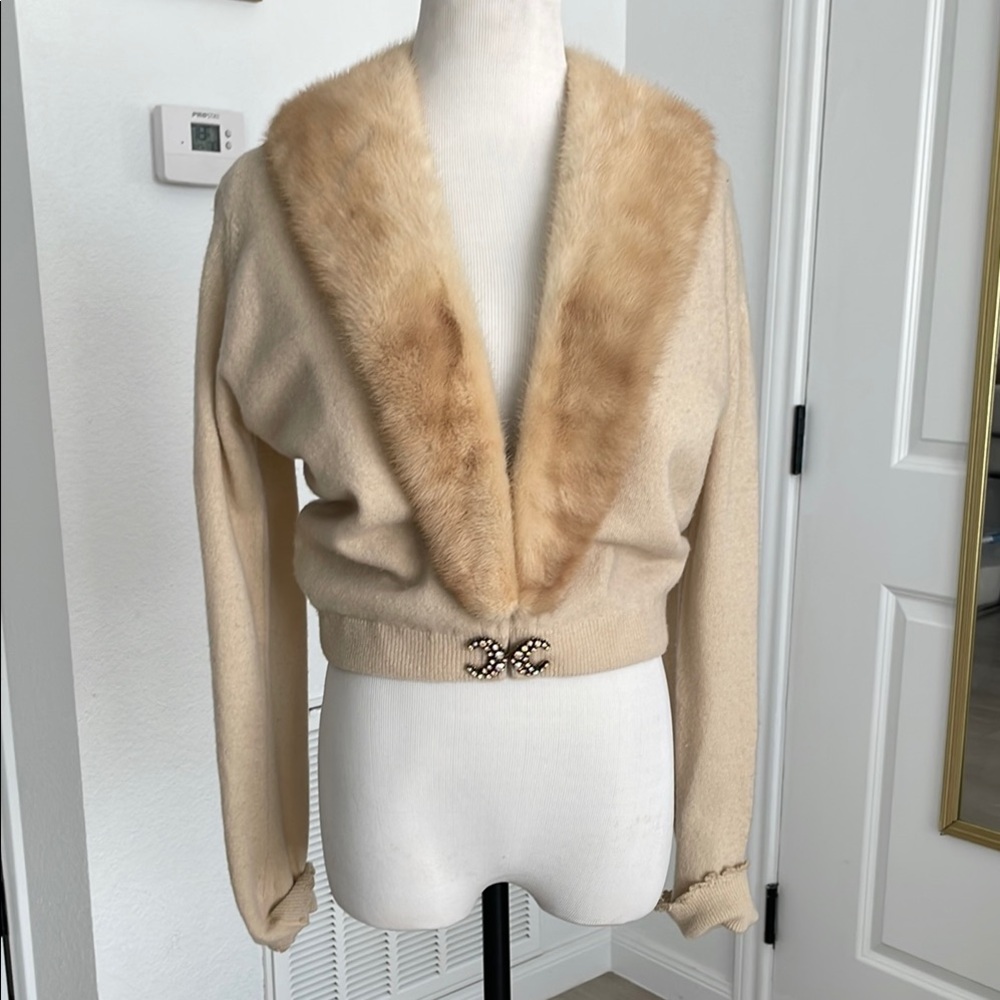 Vintage Cardigan with Removable Real Mink Fur Collar